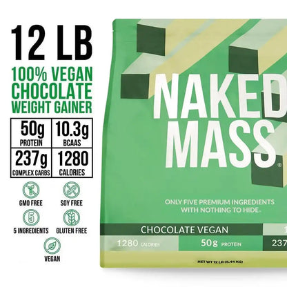 Chocolate Vegan Mass Gainer Supplement | Naked Vegan Mass - 12LB